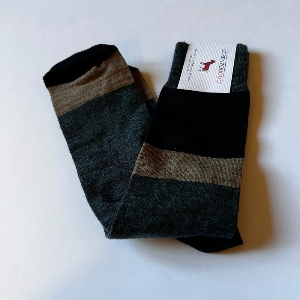 LORENZO UOMO MENS MERINO WOOL BLEND SOCKS COLOR BLOCK BLACK GREEN BEIGE OS NWT